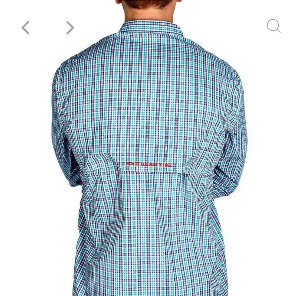 Southern Tide Red Drum Plaid Fishing Shirt Roll Tab Long Sleeve Sz L Atlas Green - Picture 2 of 13